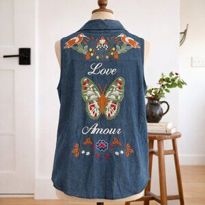 UMGEE Large Womens Denim Jean Vest Embroidered Detailing